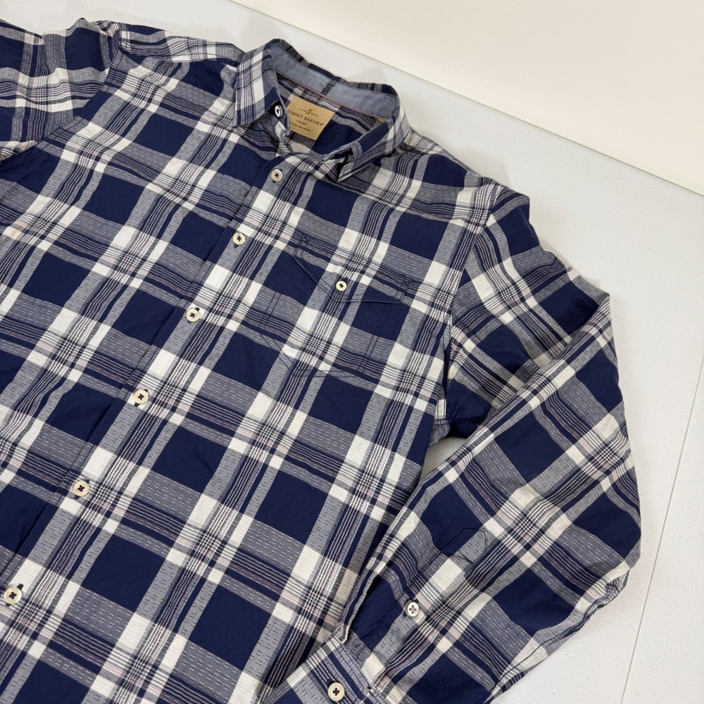Tommy Bahama Jeans Mens Medium Blue White Plaid Cotton Long Sleeve Button Shirt